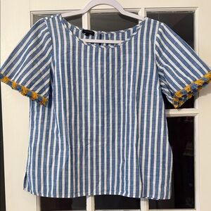 Talbots Blue and White Striped  Linen Blouse with Yellow/blue tassels
